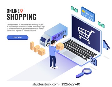 Online shopping concept. User holds a box. Web banner, infographics. Isometric vector illustration.