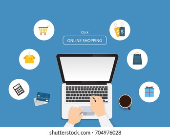 Online shopping concept. Using laptop and credit card for online payment with shopping icon.