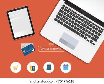 Online shopping concept. Using laptop , digital tablet and credit card for online payment with shopping icon.