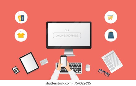 Online shopping concept. Using laptop , digital tablet , smartphone and credit card for online payment with shopping icon.