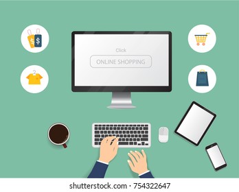 Online shopping concept. Using laptop , digital tablet , smartphone and credit card for online payment with shopping icon.