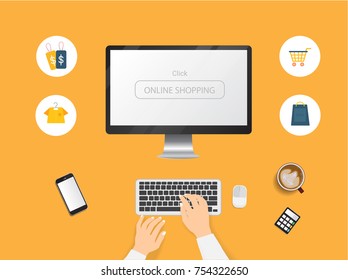 Online shopping concept. Using laptop , digital tablet , smartphone and credit card for online payment with shopping icon.