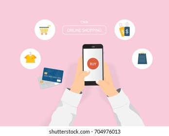 Online shopping concept. Using smartphone and credit card for online payment with shopping icon.