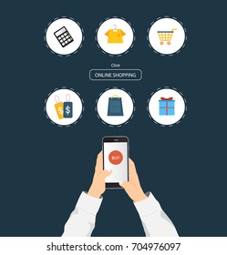 Online shopping concept. Using smartphone for online payment and shopping icon.