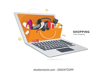 online shopping concept ,various products are placed in orange paper shopping bags on laptop computer screen and there is a buy button in front for customer, vector 3d for e commerce design