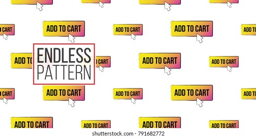 Online shopping concept. Vector add to cart button seamless pattern. Fashion illustration, patches, stickers. Hand drawn background e-commerce style.
