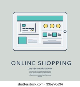 Online shopping concept vector background with line art user interface template on digital devices. Eps10 vector illustration.