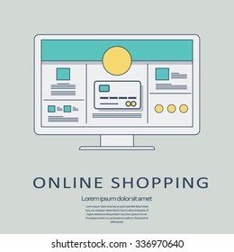 Online shopping concept vector background with line art user interface template on digital devices. Eps10 vector illustration.