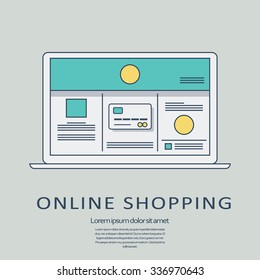 Online shopping concept vector background with line art user interface template on digital devices. Eps10 vector illustration.