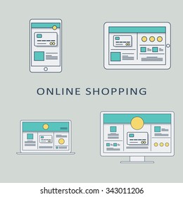 Online shopping concept vector background with line art user interface template on digital devices. Eps10 vector illustration.