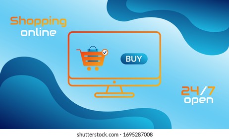  Concepto de compras en línea. Pancarta vectorial en colores naranja y azul. Pantalla de monitor con cesta de compra y botón de compra. Junto a la inscripción 24/7. Cartel para tiendas en línea, sitios y redes sociales.