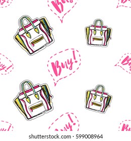 Online shopping concept. Vector buy bubble and ladies bag seamless pattern. Fashion illustration, patches, stickers. Hand sketched background in vogue style.