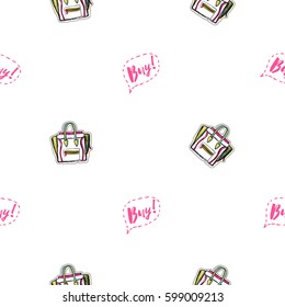 Online shopping concept. Vector buy bubble and ladies bag seamless pattern. Fashion illustration, patches, stickers. Hand sketched background in vogue style.