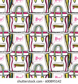 Online shopping concept. Vector buy bubble and ladies bag seamless pattern. Fashion illustration, patches, stickers. Hand sketched background in vogue style.