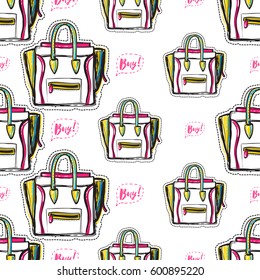 Online shopping concept. Vector buy bubble and ladies bag seamless pattern. Fashion illustration, patches, stickers. Hand sketched background in vogue style.
