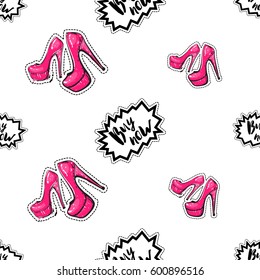 Online shopping concept. Vector buy now label and pink nude heels seamless pattern. Fashion illustration, patches, stickers. Hand sketched background.