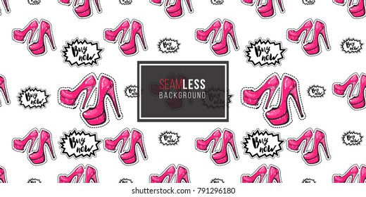 Online shopping concept. Vector buy now label and pink nude heels seamless pattern. Fashion illustration, patches, stickers. Hand drawn background.