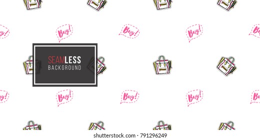 Online shopping concept. Vector buy bubble and ladies bag seamless pattern. Fashion illustration, patches, stickers. Hand drawn background in vogue style.