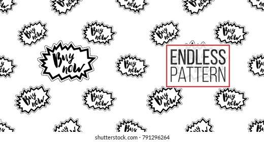 Online shopping concept. Vector buy now label seamless pattern. Fashion illustration, patches, stickers. Hand drawn background.