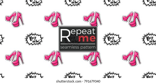 Online shopping concept. Vector buy now label and pink nude heels seamless pattern. Fashion illustration, patches, stickers. Hand drawn background.