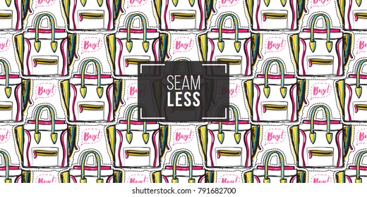 Online shopping concept. Vector buy bubble and ladies bag seamless pattern. Fashion illustration, patches, stickers. Hand drawn background in vogue style.