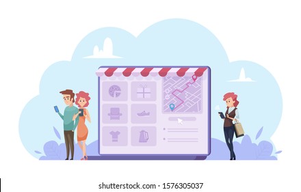 Online shopping concept. Vector cartoon people with gadgets. Online store illustration