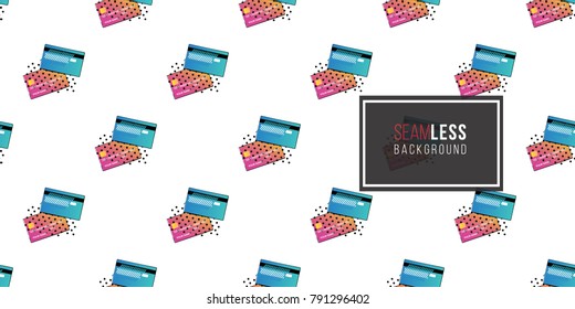 Online shopping concept. Vector credit card seamless pattern. Fashion illustration, patches, stickers. Hand drawn background in vivid style.