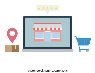 Vector de concepto de compra en línea. Sitio web de comercio electrónico. Haga clic y recopile el concepto. Diseño plano sobre fondo blanco. Concepto comercial y de marketing.