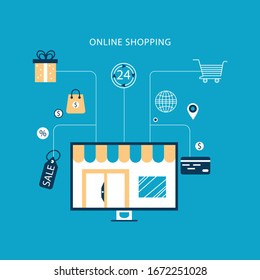  Concepto de compras en línea. Ilustración vectorial.