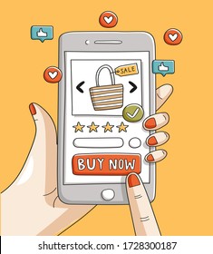 Online shopping concept. Vector illustration of woman hands using smartphone, finger touch screen for purchase in mobile app. Product rating, customer feedback, secure transaction, store discounts