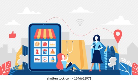Ilustración vectorial de concepto de compra en línea. Caricaturista mujer compradora de dibujos animados sentada al lado de un gran smartphone con tienda en pantalla en línea, compra al cliente y uso de la aplicación para tiendas móviles en segundo plano
