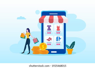 Concepto de compras en línea Ilustración vectorial. Estilo de plantilla vectorial plana adecuado para la página de aterrizaje web, fondo.