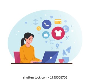 Online shopping concept. Vector illustration of young cartoon woman doing shopping by her laptop. Isolated on white