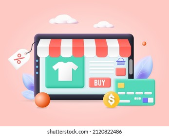 Online Shopping Concept Vector Illustration In 3d Style. Online Store Interface With Buy Button, Credit Card, Shop, Price Tag. Digital Retail And Ecommerce App