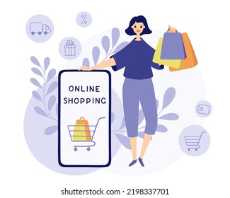 Online shopping. Concept vector illustration in flat design. Young smiling woman next to the big phone with paper bags in her hand.