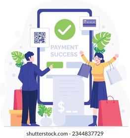 Ilustración vectorial de concepto de compra en línea en estilo plano. Pago en línea con tarjeta de crédito, teléfono móvil, tarjeta de crédito y bolsas de compras. Ordenar bienes y obtenerlos rápido y fácil. Ilustración vectorial.