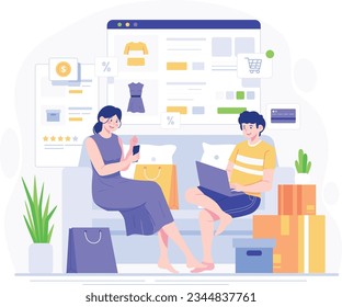 Online shopping concept. Vector illustration in a flat style. Man and woman sit on the sofa and use a smartphone. Order goods and get them fast and easy. Online shopping on website or mobile app. Vect