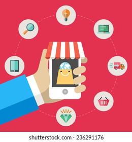 Online shopping concept. Vector illustration in flat design style. Human hand with mobile phone