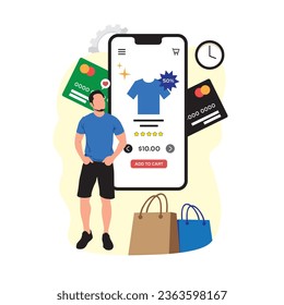 Online shopping concept. Vector illustration in flat design style. Man with credit card and mobile phone.