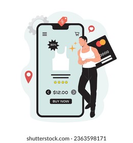 Online shopping concept. Vector illustration in flat design style. Man with credit card and mobile phone.