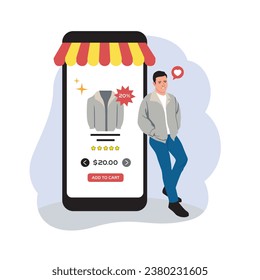 Online shopping concept. Vector illustration in flat style. Man buying clothes online.