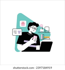 Online shopping concept. Vector illustration in trendy flat style. A man with a phone in his hands.