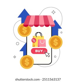 Ilustração de vetor de conceito de compras online. Telefone Celular com Botões de Compra, Sacos de Compras, Moedas e Cursor Clicado