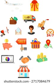 Online Shopping Concept Vektorgrafik im Stil flach verschiedene Symbole zum Thema Einzelhandel Marketing Online-Shopping, Lieferung von Waren, wie Megaphon, Shop, technische Unterstützung, Sparschwein, Geldzeichen und Symbole