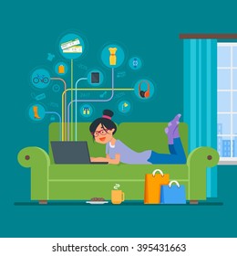 Online shopping concept vector illustration flat style design. Girl shopping online on internet staying at home. Room interior.