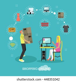 Online shopping concept vector illustration flat style design. Girl shopping online on internet staying at home. Delivery and shipping.