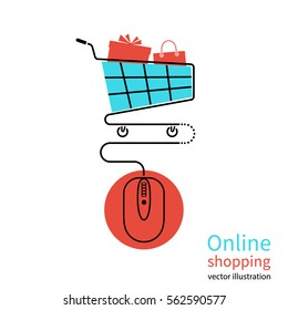 Online shopping concept. Vector illustration minimal design. Computer mouse connect to basket. Modern technology e-shopping. Purchases in internet. E-commerce. Gift in trolley.