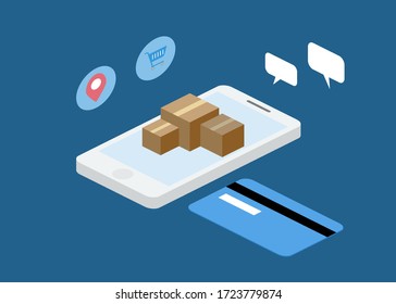 Online shopping concept vector. Isometric smart phone, credit card. E-commerce and omni-channel concept. Click and collect concept. Business and marketing. Flat design on blue background.