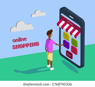 Concepto de compras en línea. Ilustración vectorial isométrica para diseño web e infografía.