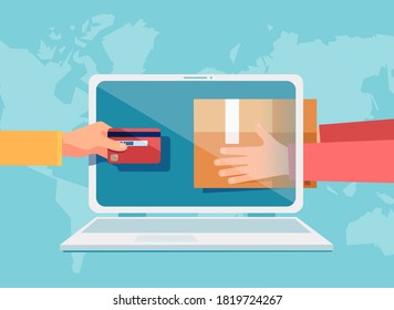 Online shopping concept. Vector of a man paying with credit card for internet delivery of merchandise 